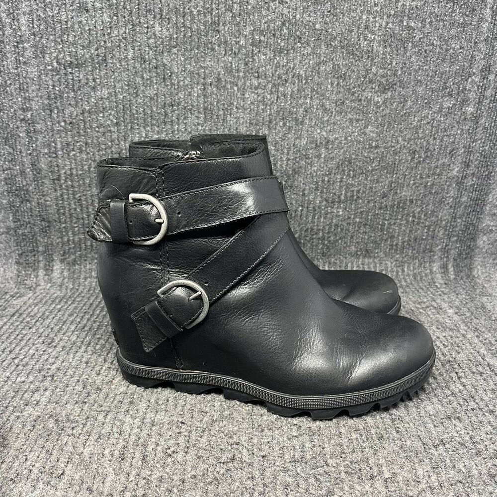 Sorel Joan of Arctic Leather Wedge II Buckle Boots Black Womens Size 10.5